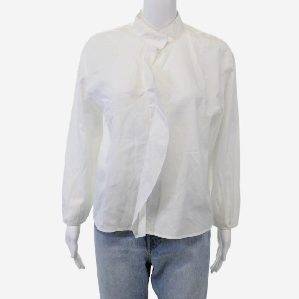 Frame - Long Sleeve Keyhole Blouse Shirt White Cotton Size Large